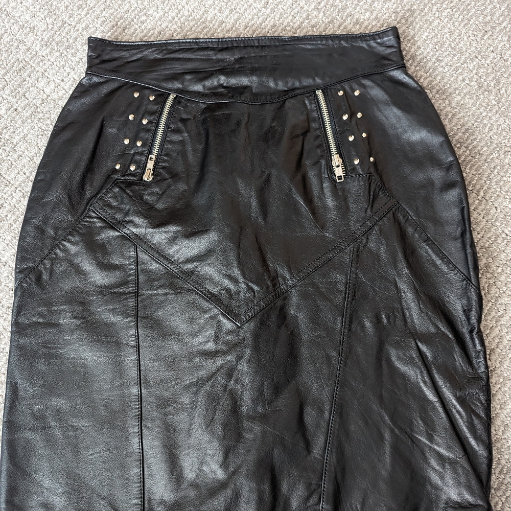 Black studded leather midi skirt